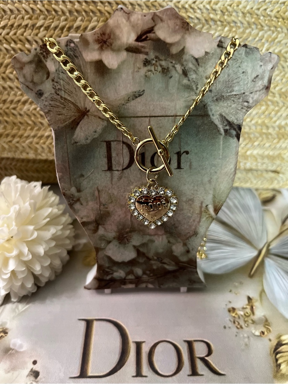 Dior Gold Heart Pendant Necklace with Crystal Halo